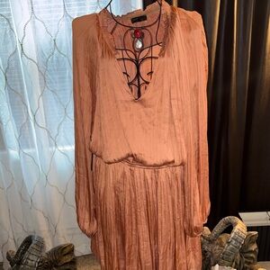 Anthropologie Rust-Peach Long Sleeve Pleated V-Neck Dress